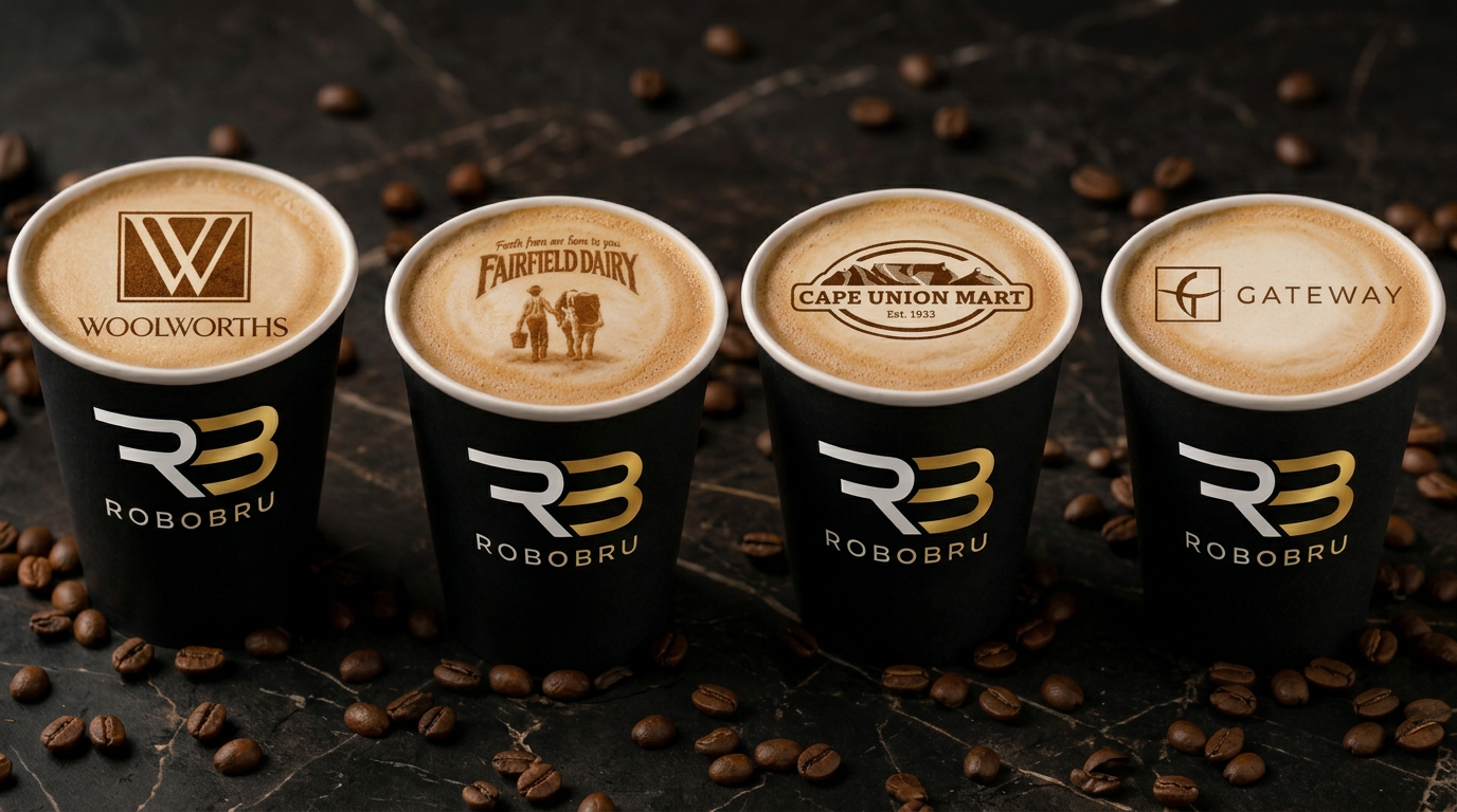 Robobru, Fairfield Dairy, Cape Union Mart, and Gateway branded coffee cups showing detailed artwork printed on latte foam