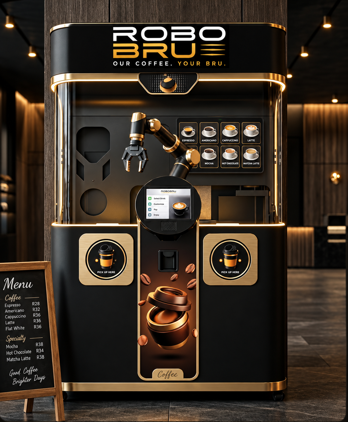 Robobru black and gold robotic barista kiosk in a shopping mall
