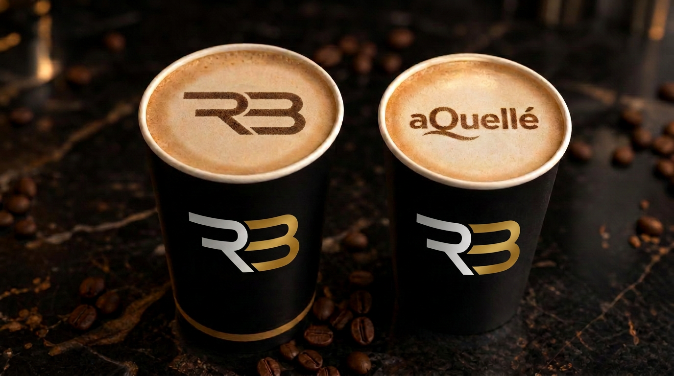 aQuellé logo and Robobru RB monogram printed on latte foam in black paper cups