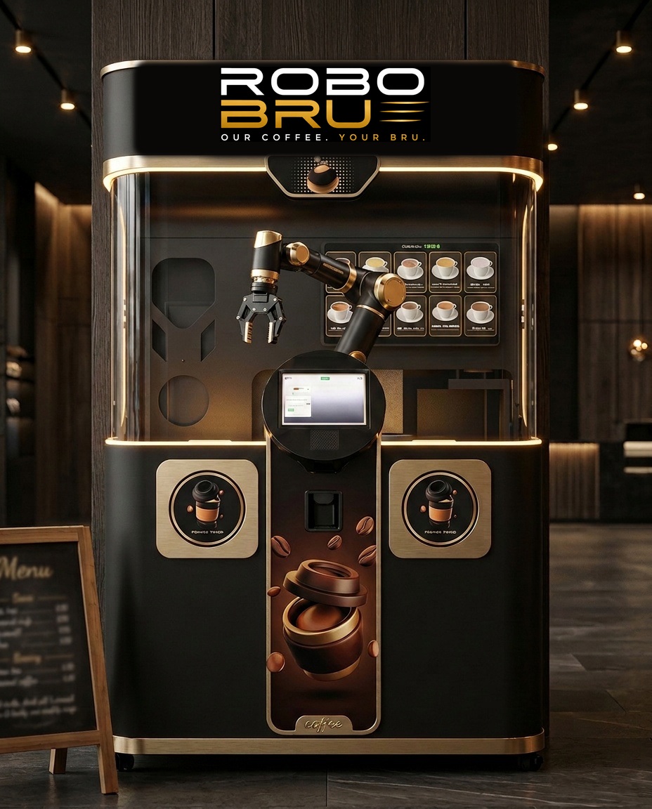Robobru black and gold robotic barista kiosk in a shopping mall