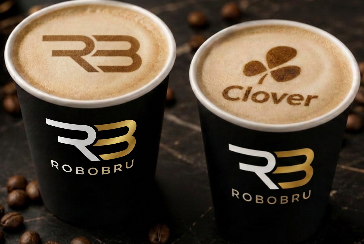Robobru and Clover branded coffee cups showing your logo printed on latte foam
