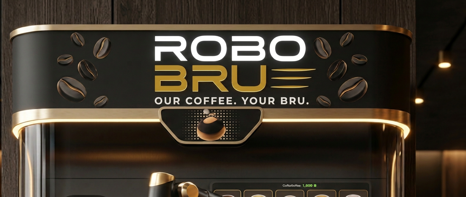 Robobru kiosk showing the six-axis robotic arm with a two-finger gripper