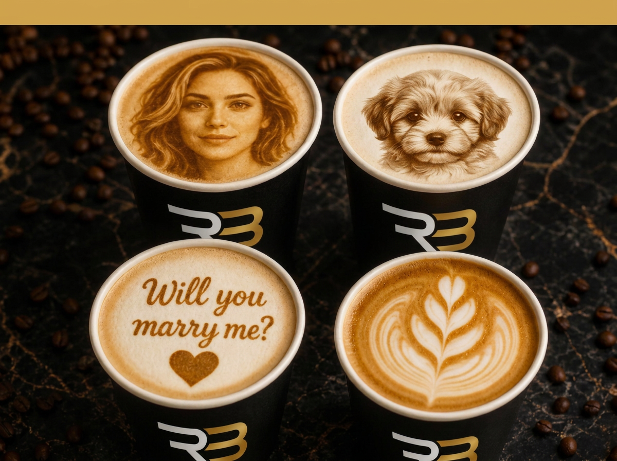 Four Robobru black cups: a portrait, a Happy Birthday message, a Will you marry me message, and classic rosetta latte art